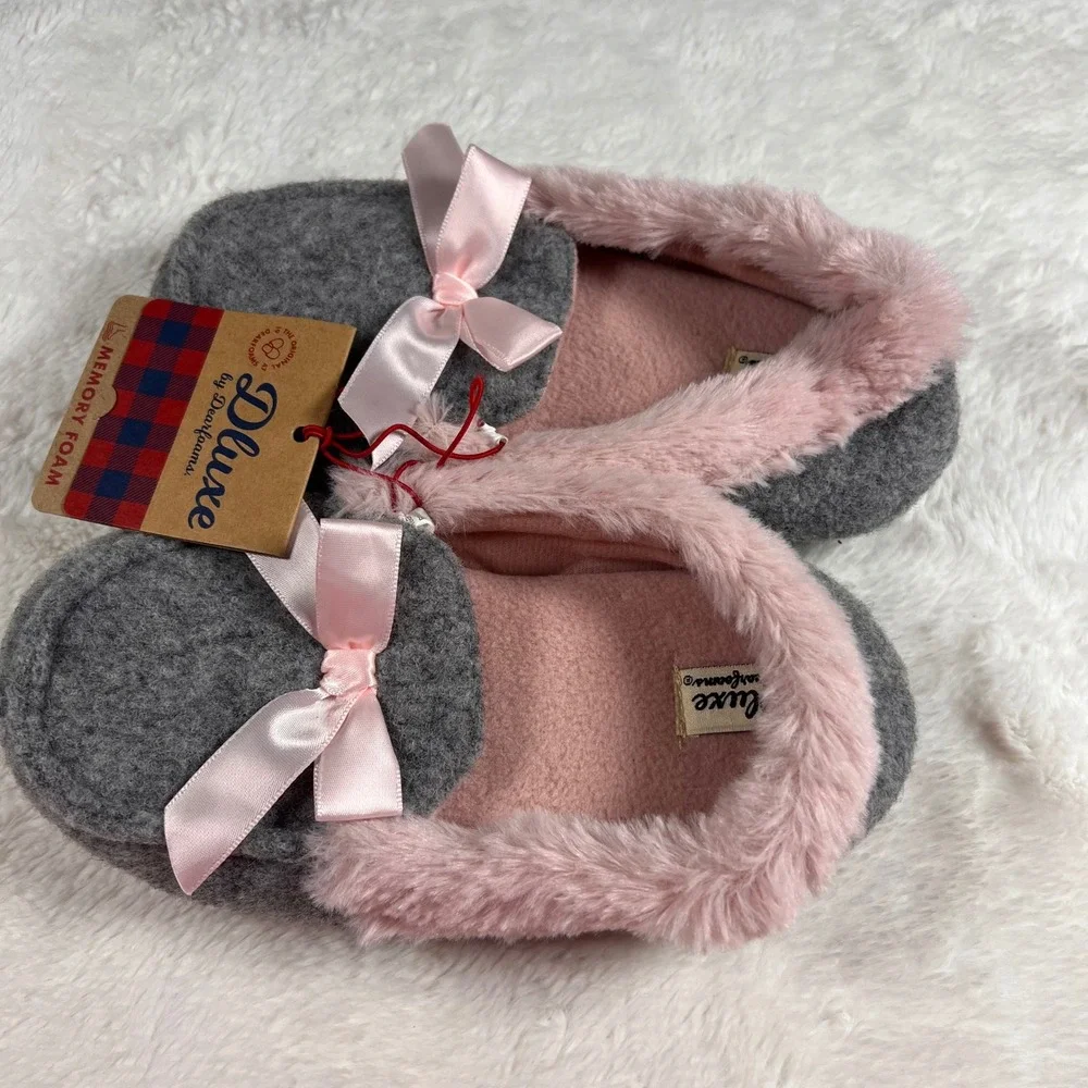 Dluze by Dearfoams Memory Foam Slippers Pink Bow Gray Cozy Plush‎ Size US 13-1